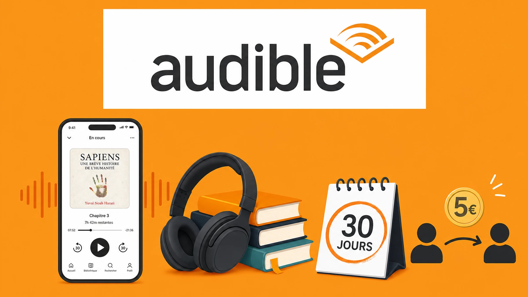Audible gratuit : 30 jours d’essai + 5 € par filleul — le guide complet du parrainage Amazon en 2026