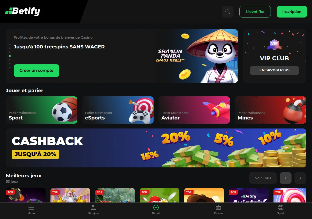 Page d'accueil Betify — paris sportifs, casino et paiement crypto