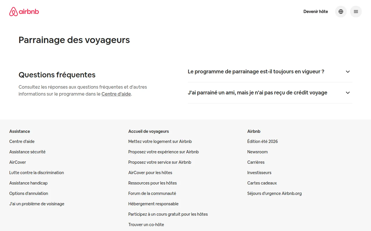 Page 'Parrainage des voyageurs' sur airbnb.fr en 2026