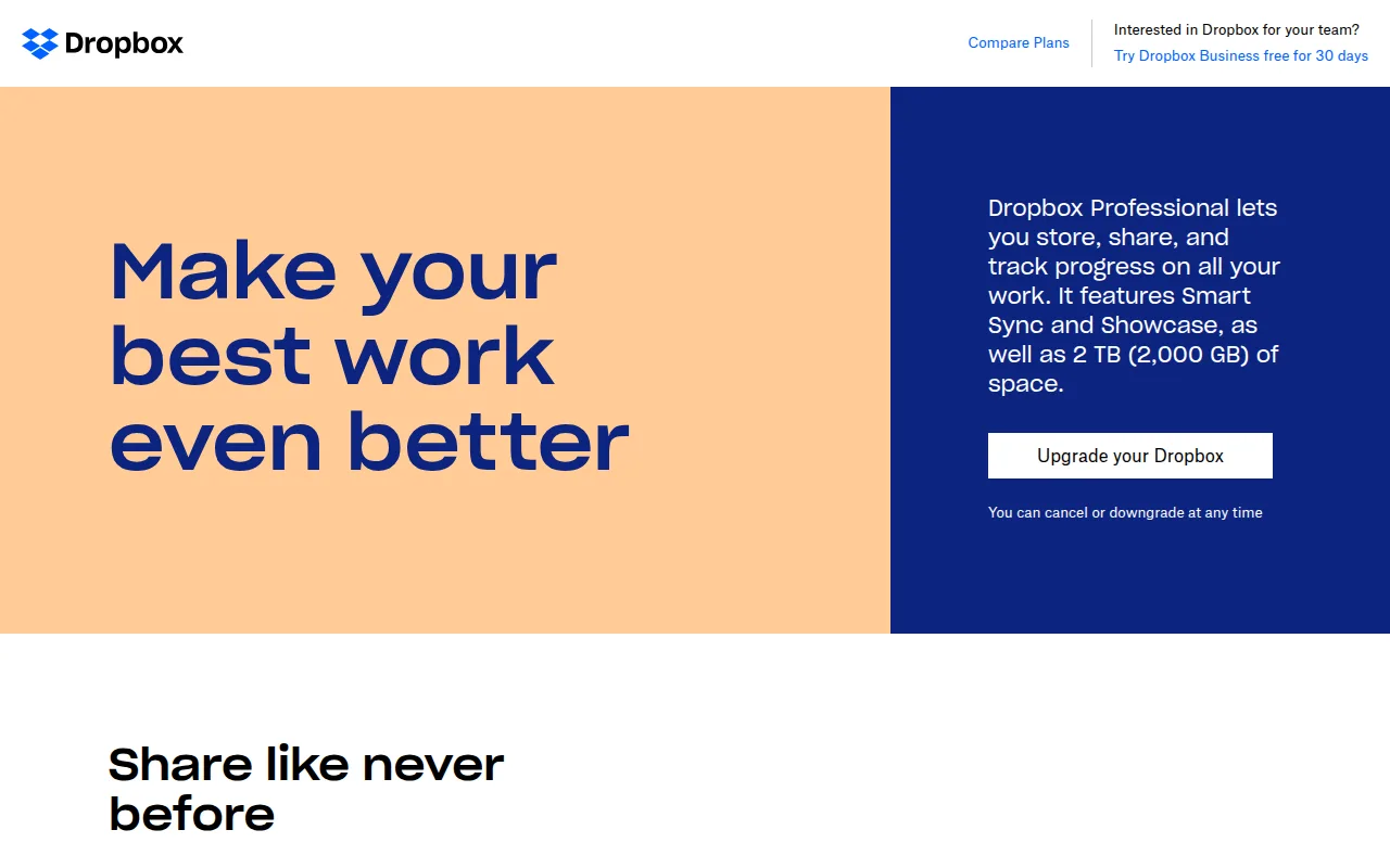 Ancienne page de plans Dropbox mettant en avant l'espace de stockage gratuit et payant