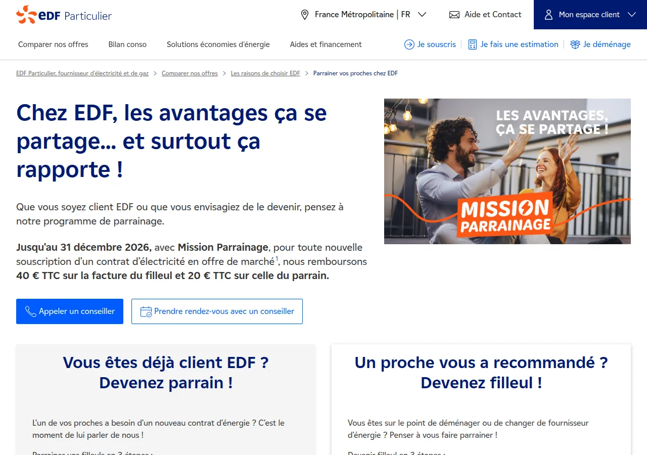 Page Mission Parrainage EDF — programme de parrainage actif jusqu'au 31 décembre 2026
