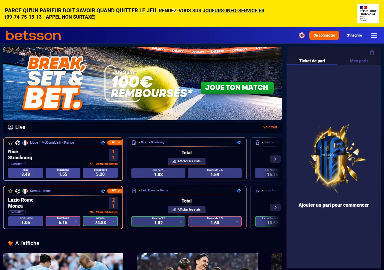 Page d'accueil Betsson paris sportifs