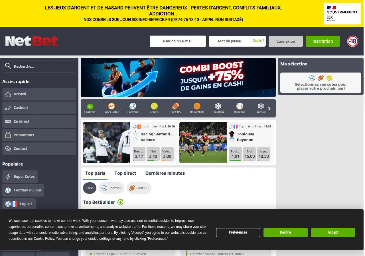 Page d'accueil NetBet paris sportifs