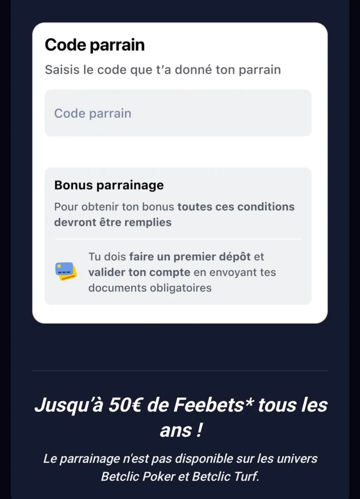 Champ code parrain Betclic et conditions du bonus parrainage (plafond 50 € de Freebets par an)
