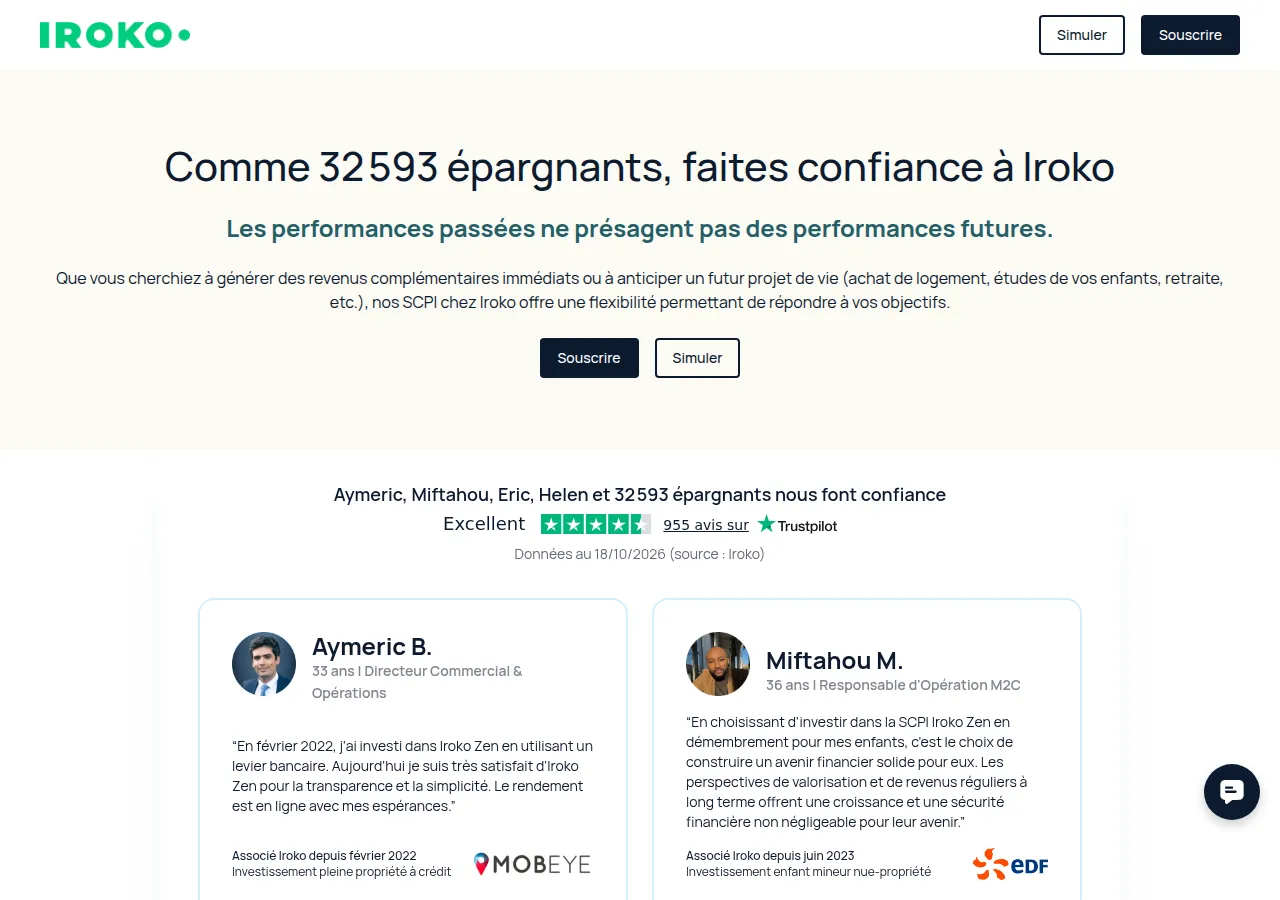 Page officielle Iroko — 32 593 épargnants et note Trustpilot Excellent