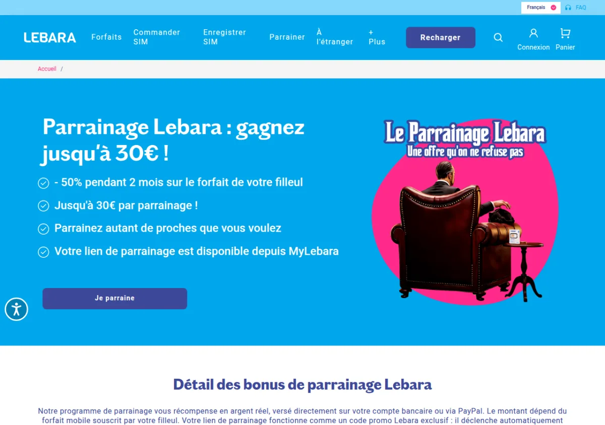 Page parrainage Lebara — jusqu'à 30 € par filleul