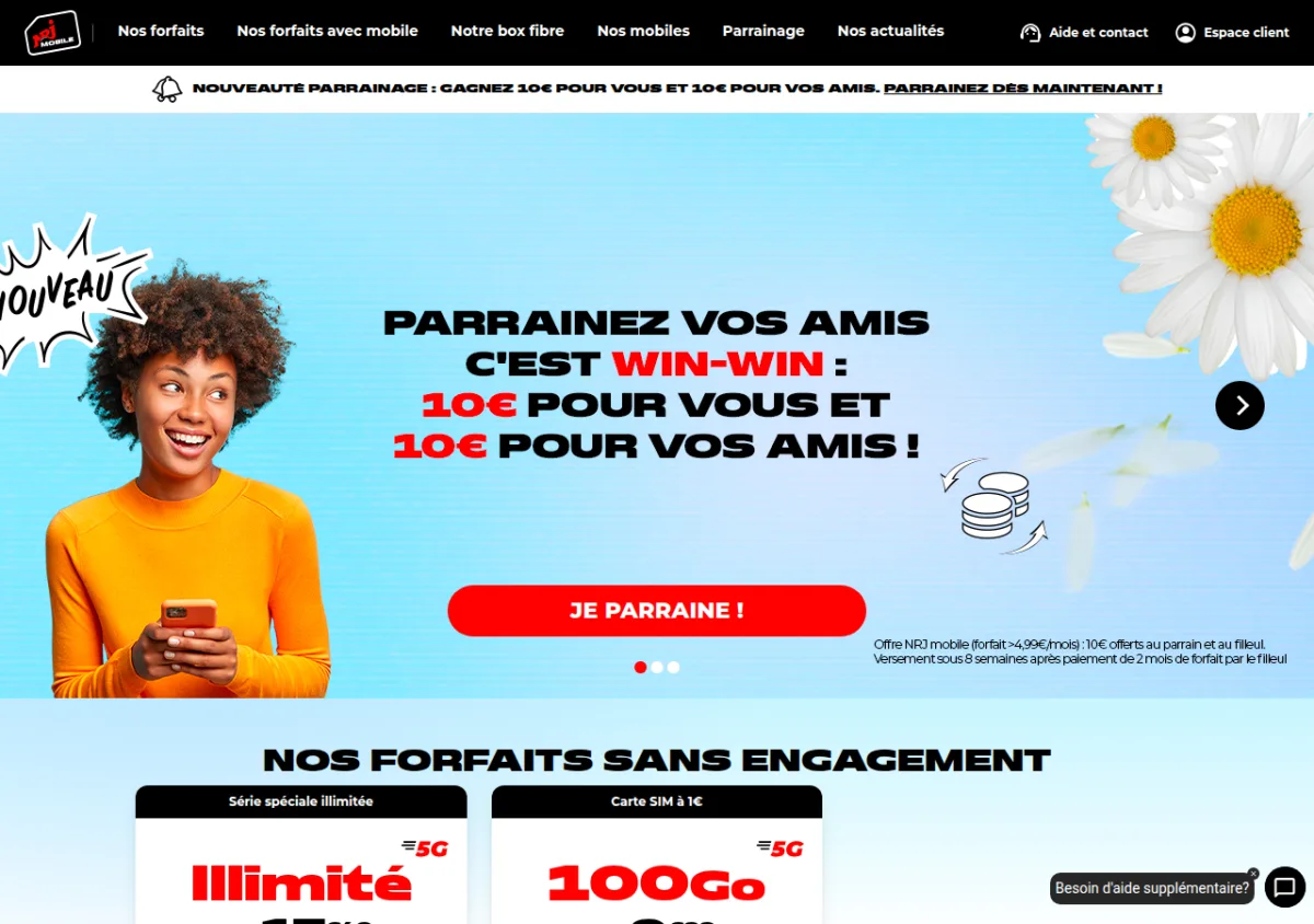 Page NRJ Mobile — programme de parrainage 10 € + 10 €