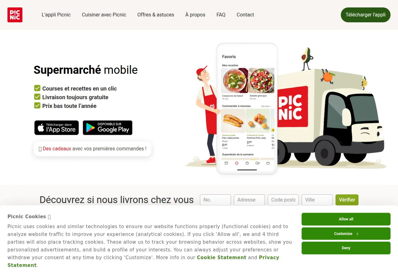 Page d'accueil Picnic — supermarché mobile avec livraison gratuite