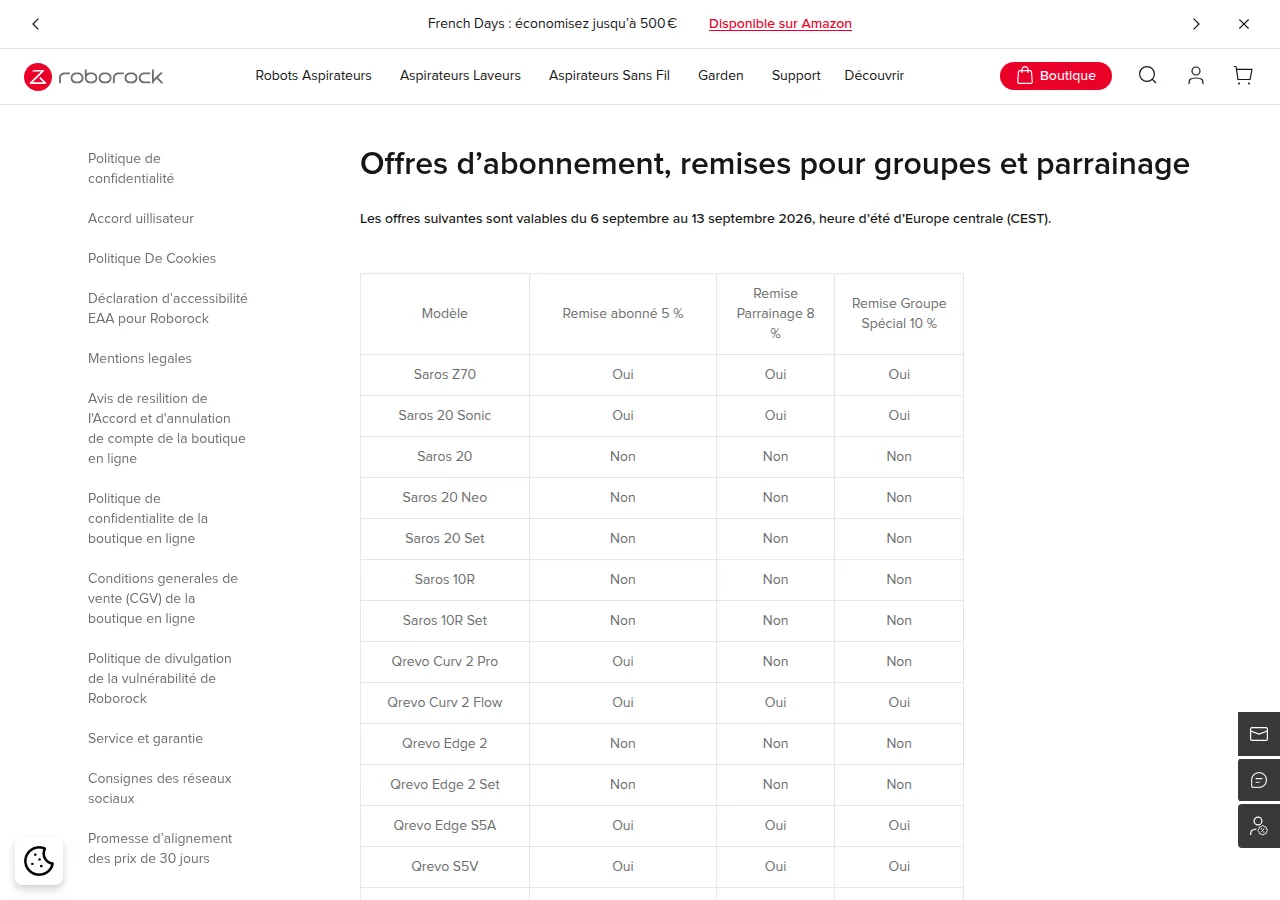 Page parrainage Roborock France — offres et modèles éligibles